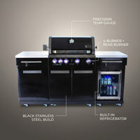 Premium 70" Black Stainless Steel Outdoor Kitchen Island with Refrigerator + 32"W 4-Burner BBQ Grill with Rear Burner — Feature Infographic