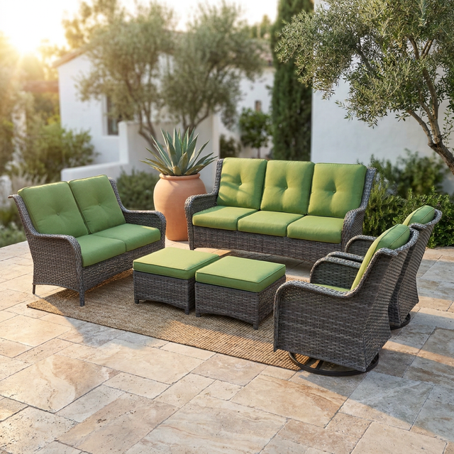 Patio Furniture Set 6-Piece Outdoor Patio Conversation Set with Green Cushions Lawn Furniture — Studio Shot
