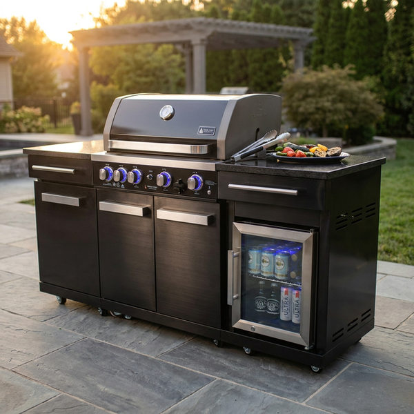 Premium 70" Black Stainless Steel Outdoor Kitchen Island with Refrigerator + 32"W 4-Burner BBQ Grill with Rear Burner