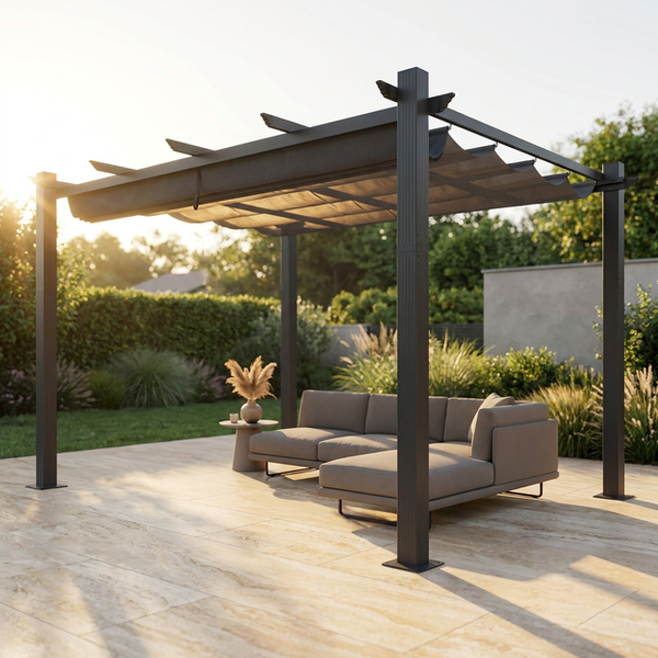 16 Ft. W X 12 Ft. D Aluminum Pergola Outdoor with Dark Gray Retractable Canopy