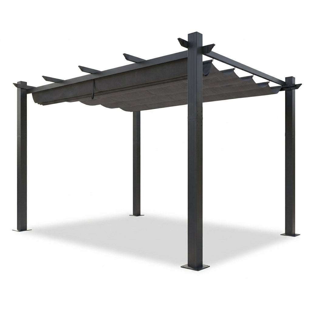 16 Ft. W X 12 Ft. D Aluminum Pergola Outdoor with Dark Gray Retractable Canopy — Studio Shot