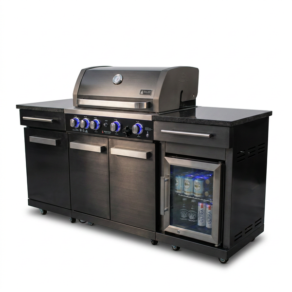 Premium 70" Black Stainless Steel Outdoor Kitchen Island with Refrigerator + 32"W 4-Burner BBQ Grill with Rear Burner — Studio Shot