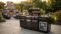 Premium 70" Black Stainless Steel Outdoor Kitchen Island with Refrigerator + 32"W 4-Burner BBQ Grill with Rear Burner — Lifestyle